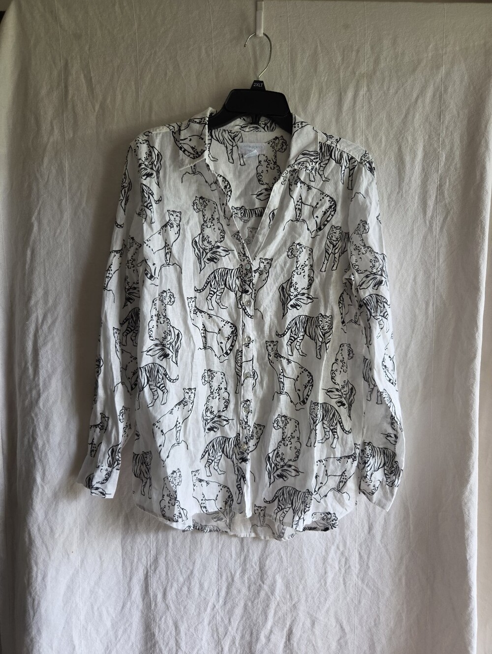 Cynthia Rowley Button Down Blouse Womens Medium Big Cat Print Coastal Linen